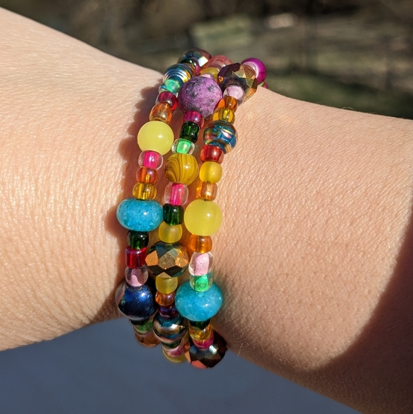 JASPER Crystals Bracelet Blue Opal Glass Beads Handmade Colorful Cute Sparkly - Picture 8 of 15